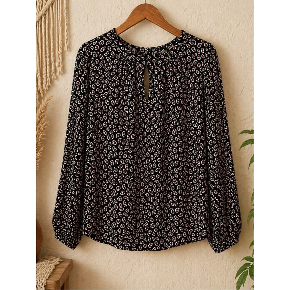 Loft Multicolored Mini Floral Geometric Print Blouse Long Sleeve Size Medium‎